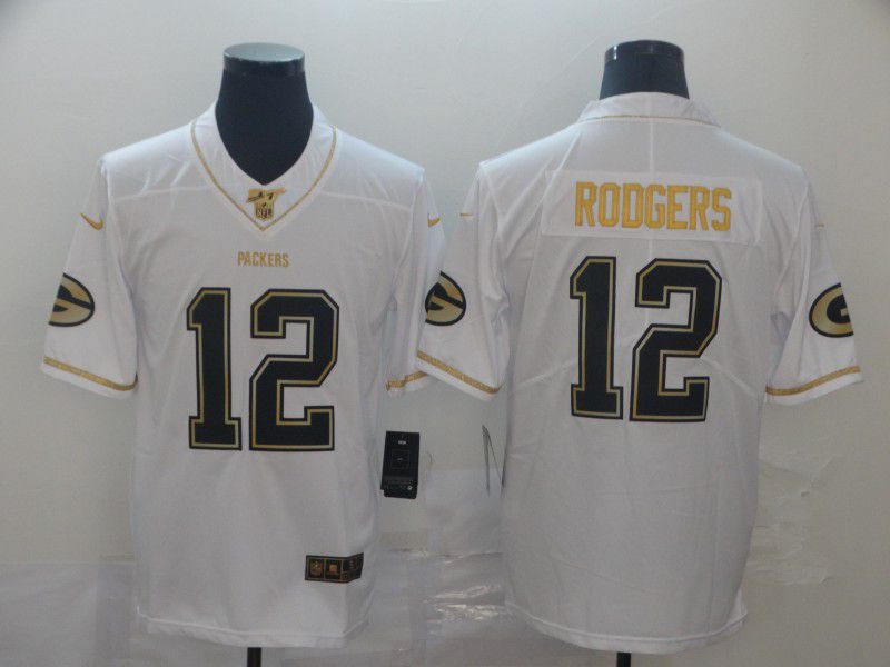 Men Green Bay Packers #12 Rodgers White Retro gold character Nike NFL Jerseys